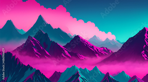 Colorful illustration depicts a majestic mountain range © Noboru
