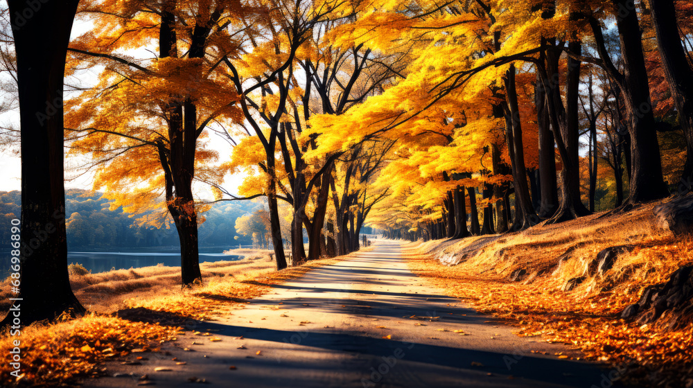Autumn landscape with road and yellow trees in park, South Korea.