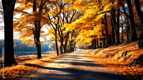Autumn landscape with road and yellow trees in park  South Korea.