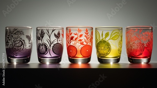 A collection of juice glasses, each one showcasing a unique fruit pattern etched into the glass, highlighting their individuality and charm.
