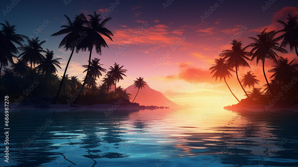 AI Paradise: Dawn Tranquility with Palm Tree Silhouettes