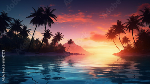 AI Paradise: Dawn Tranquility with Palm Tree Silhouettes © hanzu
