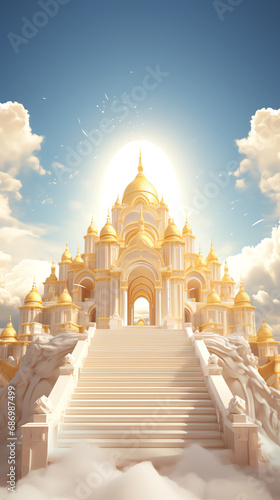 a white and gold castle with a stairway leading to the sky