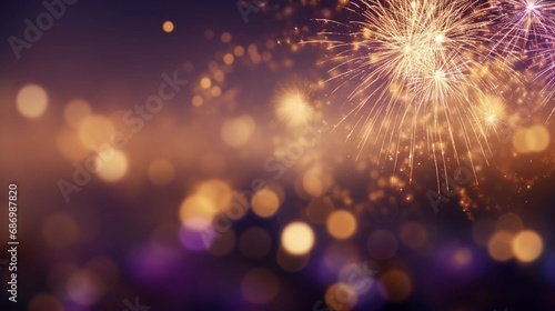 Gold and dark violet Fireworks and bokeh in New Year eve and copy space. Abstract background holiday © Ammar