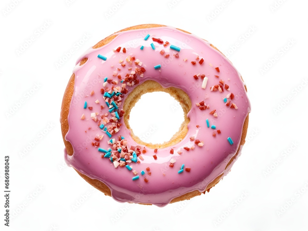 A doughnut suspended in mid-air with icing dripping dynamically A doughnut suspended in mid-air with icing dripping dynamically