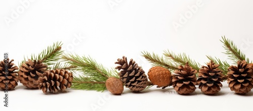Pine cones and a cypress branch on a white backdrop.