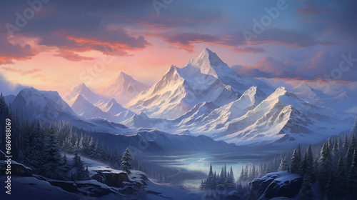 Tranquil Dusk in Snowy Peaks: AI Winter Wonderland