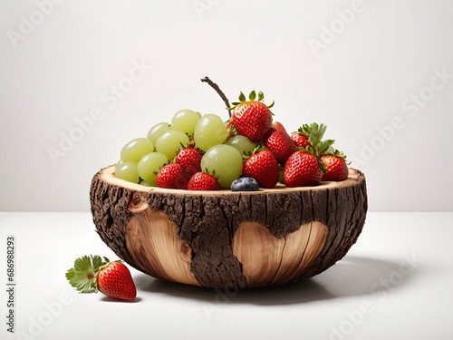 A tree trunk ingeniously hollowed out and filled with an assortment of fresh fruits photo