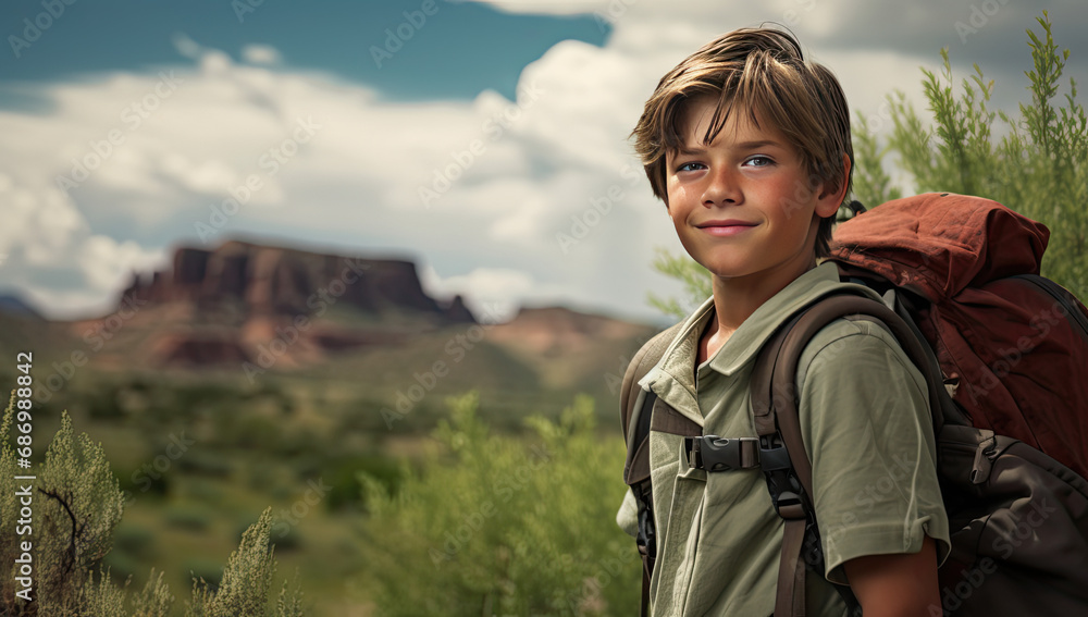 cute kids hiking as well with their gear in nature