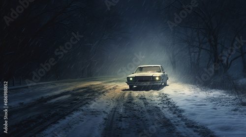 In winter a car drove in a blizzard