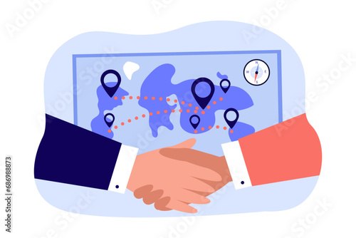 Representatives of airline industry shaking hands vector illustration. Map with destination points and compass on background. New air transport agreements, strengthening tourism market photo