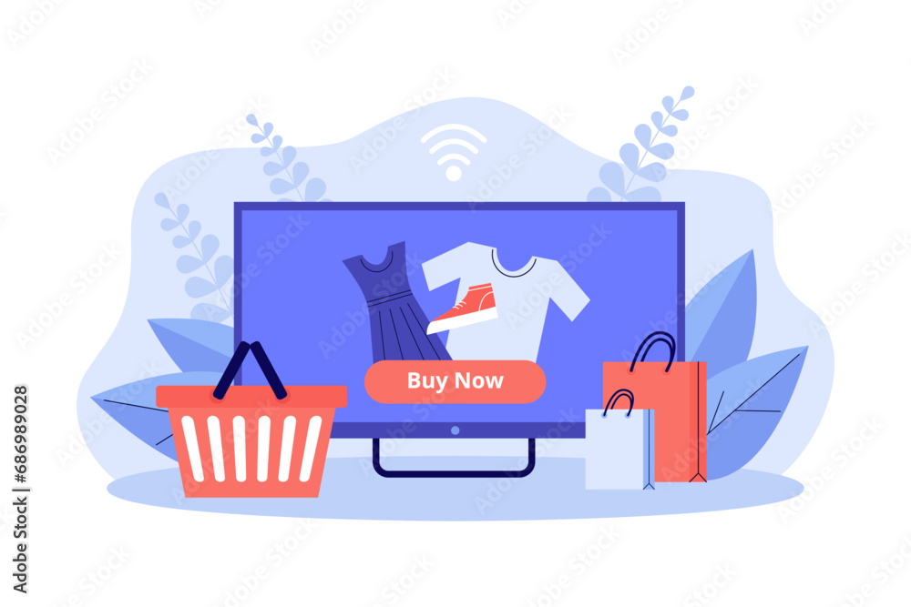 Huge TV set with clothes and offer to Buy now. Vector illustration. Shopping cart and bags. TV advertising, purchase option, shopping, sales concept