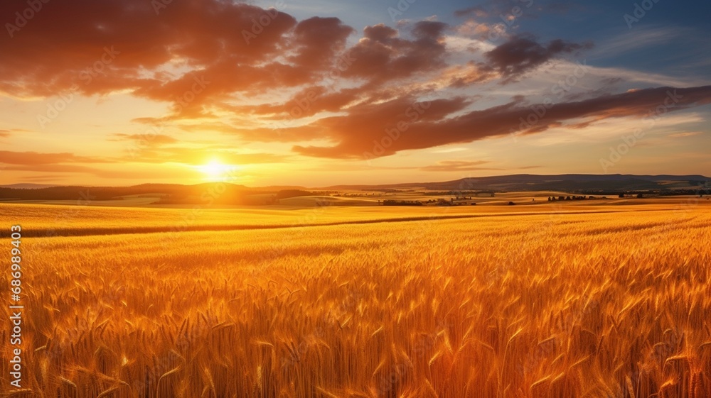 A captivating view of a rural landscape during the sunset, with a wide expanse of wheat fields glowing in the warm hues of the evening sun