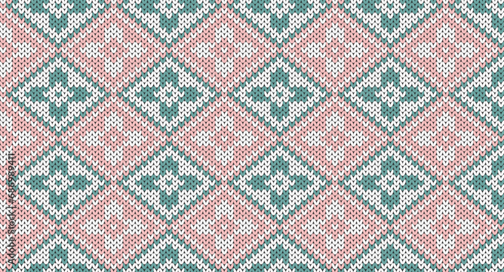 Pink and green geomatric knitting design, Festive Sweater Design. Seamless Knitted Pattern