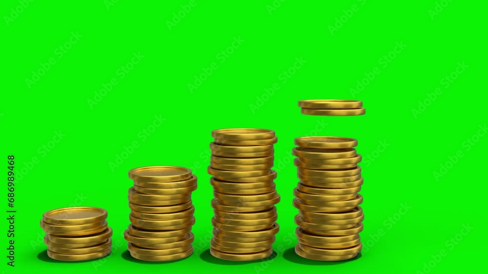 3d gold coin piles growth green screen and overlay animation video with the same duration. 3d gold coin piles growth green screen and overlay animation video with the same duration.