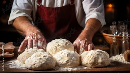 Baker prepares fresh dough in a bakery