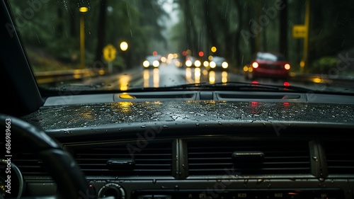 A car windshield during a rainstorm, with raindrops streaking across the glass, creating an immersive and cinematic view of the wet road ahead © Naqash