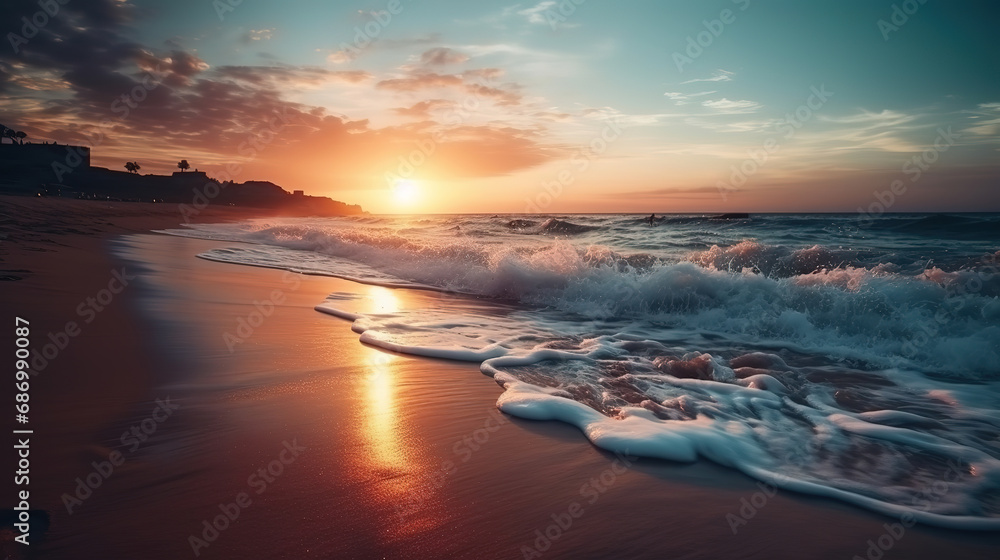 Sunset on the beach with beautiful sky. Generative Ai