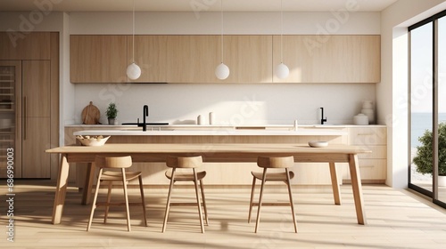 Modern scandinavian, minimalist interior design of kitchen with island, dining table and wooden stool.
