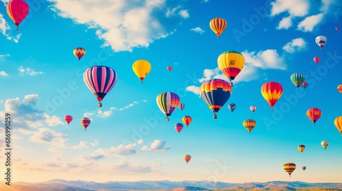 A dazzling hot air balloon festival, where a fleet of brightly colored balloons ascends into a clear and colorful sky.