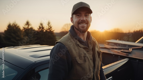 happy male construction worker standing by the 4wd car photo