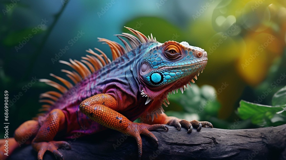 
portrait of a colorful iguana sitting on a branch
