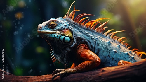  portrait of a colorful iguana sitting on a branch