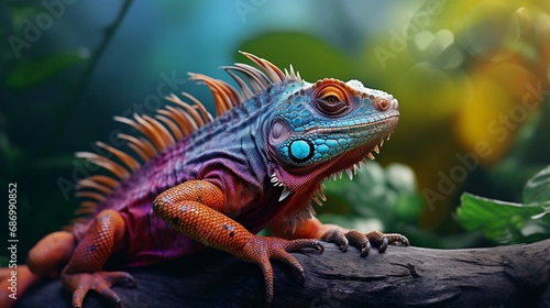 portrait of a colorful iguana sitting on a branch