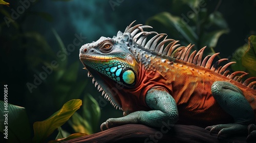  portrait of a colorful iguana sitting on a branch