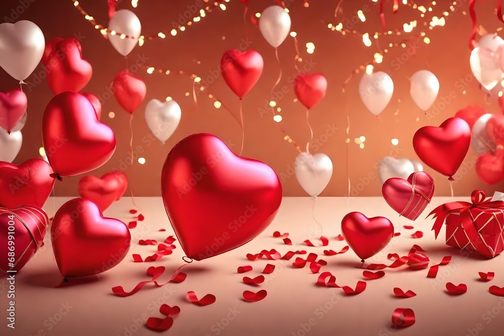 Realistic 3D decorative elements, like heart-shaped balloons, XO symbols, and falling gift boxes, captured in exquisite detail with an HD camera.
