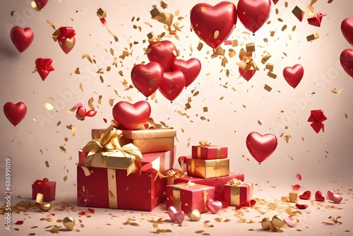 A romantic tableau featuring 3D heart-shaped balloons, XO symbols, falling gift boxes, and golden confetti, all beautifully captured by an HD camera.