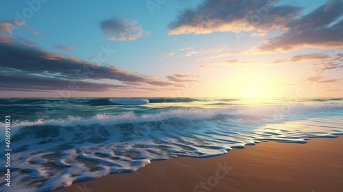 sand beach with light blue waves rolling at the beach at sunset © Ammar