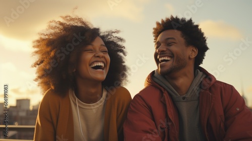 African American teenage couple laughing together and looking at each other