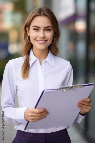 Smiling confident stylish young woman standing in startup workspace wearing purple shirt