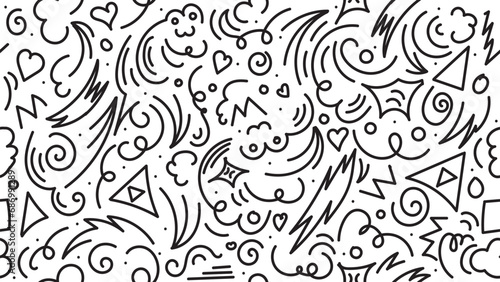 Playful black line doodle seamless pattern. Minimalist and creative art background suitable for children or trendy designs with basic shapes. A simple and whimsical scribble backdrop.