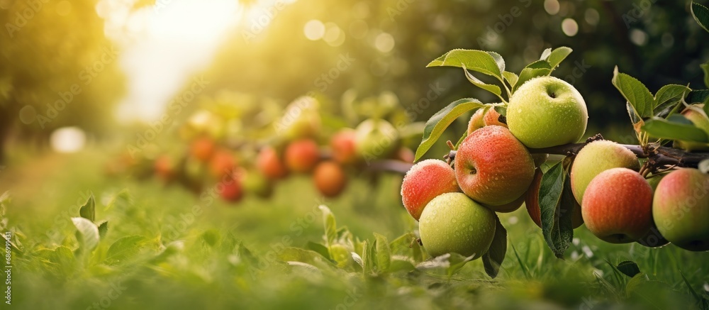 Organic apple harvest in green orchard promotes healthy eating.