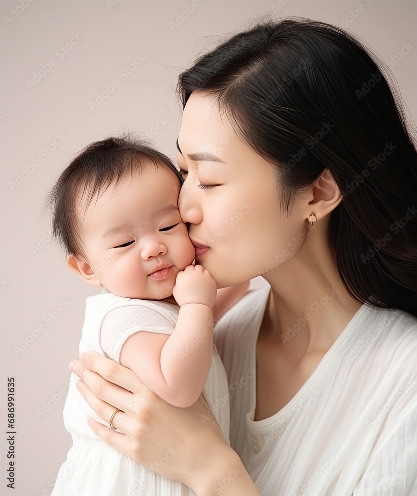 Close up portrait of beautiful young asian mother kissing newborn baby with love Close up portrait of beautiful young asian mother kissing newborn baby with love