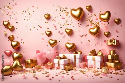 Festive 3D elements  such as heart-shaped balloons  falling gift boxes  and XO symbols  creating a romantic atmosphere with golden confetti.