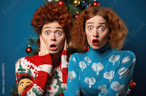 two women in ugly christmas knit sweaters pose hysterically on blue background