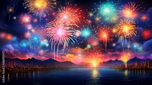 A dynamic fireworks show lighting up the night sky, a spectacular burst of vivid colors and shapes against the darkness.