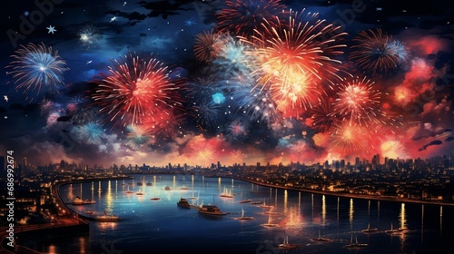 A dynamic fireworks show lighting up the night sky, a spectacular burst of vivid colors and shapes against the darkness.