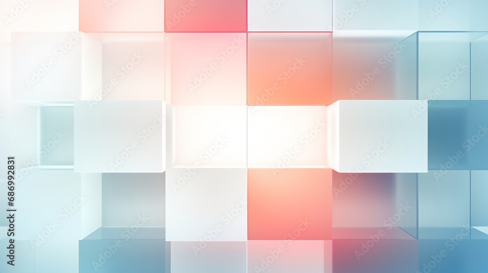 abstract geometric background for a corporate presentation or banner: transparent rounded cubes with blue and red pastel colors