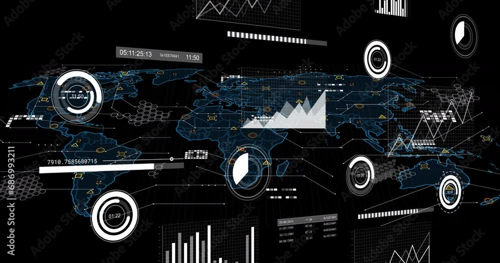 Animation of financial data processing over world map Animation of financial data processing over world map