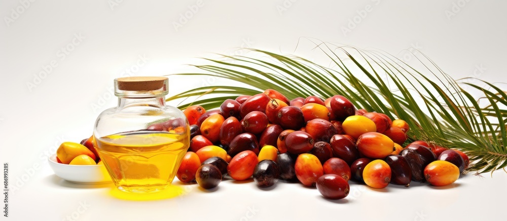 Palm fruits and oil, white backdrop. Palm fruits and oil, white backdrop.