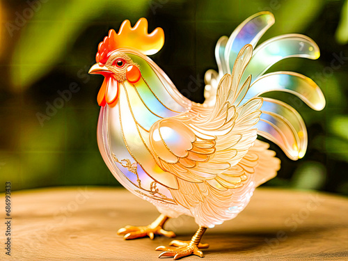 Original AI image of a side view of a chicken in its original form on a farm in daytime.