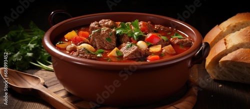 Goulash is a flavorful soup or stew made with meat, veggies, and spices. Ideal for recipes, articles, menus, and cooking content.