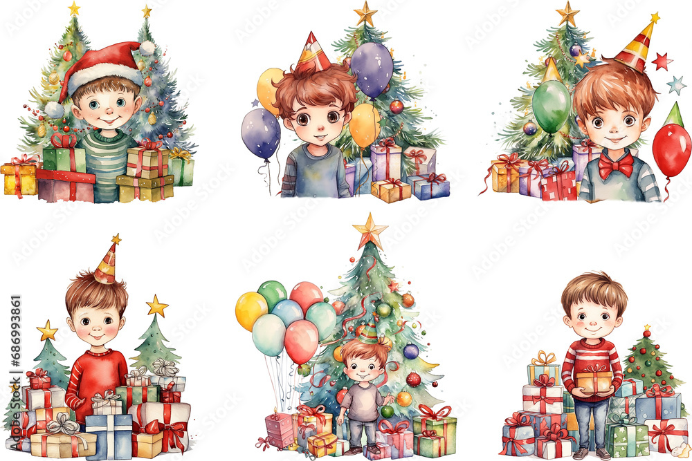 Naklejka premium Watercolor Christmas Little Boy Celebration Happy Holiday.