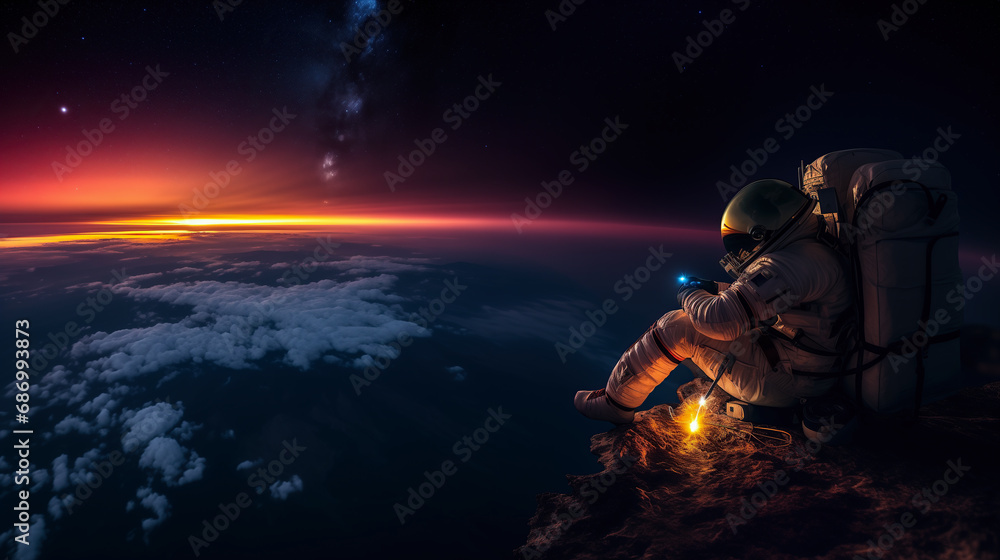 Naklejka premium An Astronaut Contemplates the Sunrise Over the Earth from Outer Space