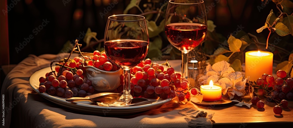 Intimate dinner setup for a pair of lovers, including wine, grapes, and candlelight.