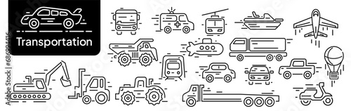 Icon set land, air and sea transportation. white background black icon line